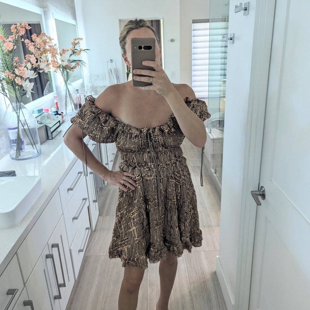 En Saison Sequin- Embellished Mini-Dress, Brown/Copper/Gold, Sparkly